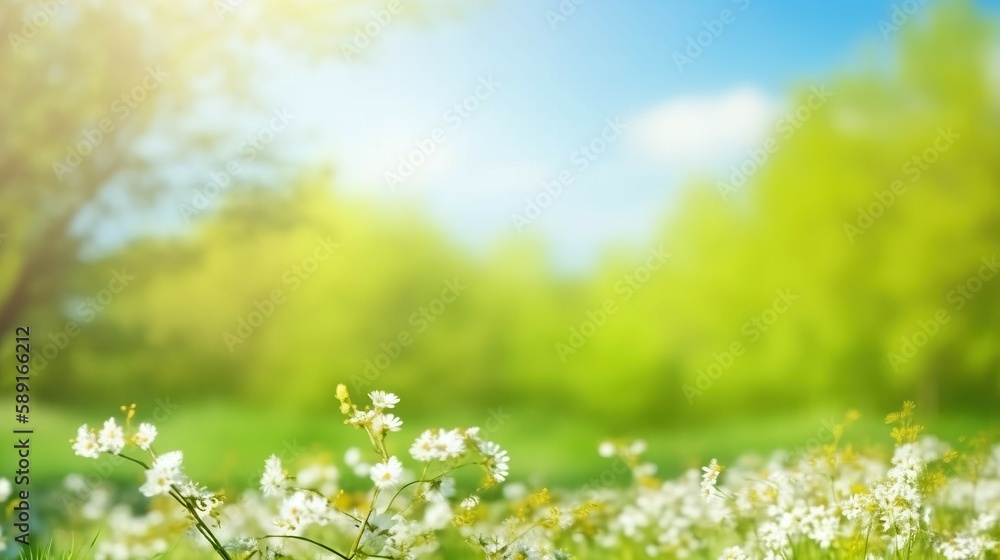 Obraz premium The background of wildflowers in summer or spring with a blurred backdrop golden sunlight and beautiful natural skies. AI-generated images