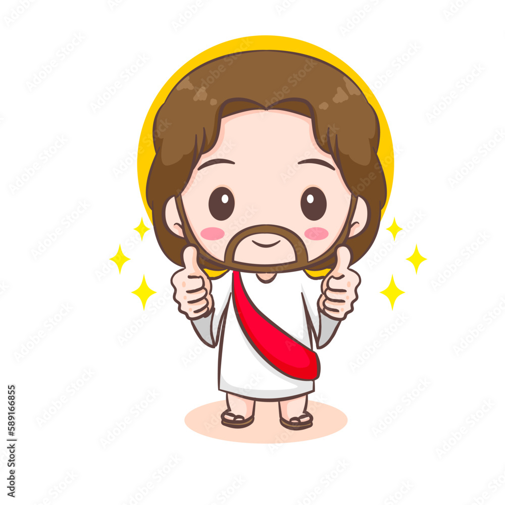 Cute Jesus Christ cartoon character showing thumbs up. Christian religion concept design. Hand drawn Chibi character clip art sticker Isolated white background. Vector art illustration Cute Jesus Christ cartoon character showing thumbs up. Christian religion concept design. Hand drawn Chibi character clip art sticker Isolated white background. Vector art illustration