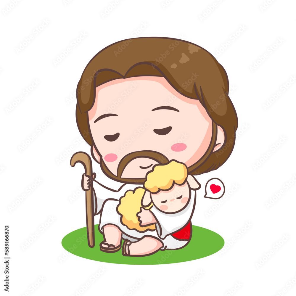 Cute Jesus Christ and the sleeping lamp sheep cartoon character. Christian religion concept design. Hand drawn Chibi character clip art sticker Isolated white background. Vector art illustration