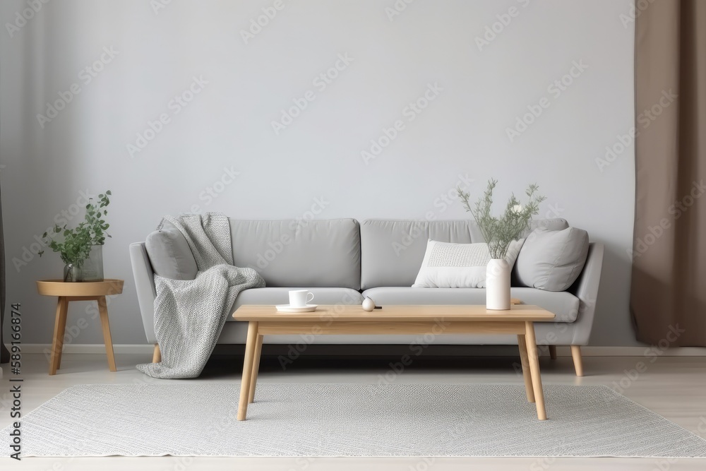 View of modern scandinavian style interior with sofa and trendy vase, Home staging and minimalism concept as interior design idea - Generative AI View of modern scandinavian style interior with sofa and trendy vase, Home staging and minimalism concept as interior design idea - Generative AI