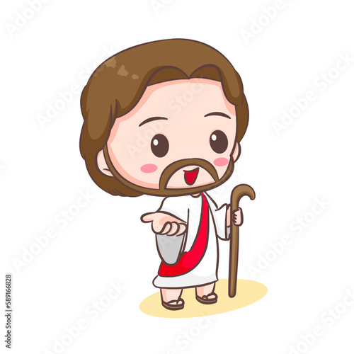 Cute Jesus Christ cartoon character. Christian religion concept design. Hand drawn Chibi character clip art sticker Isolated white background. Vector art illustration