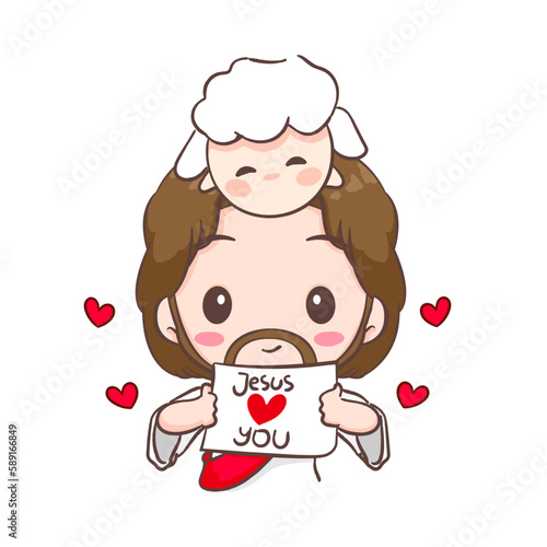 Cute Jesus Christ cartoon character. Christian religion concept design. Hand drawn Chibi character clip art sticker Isolated white background. Vector art illustration