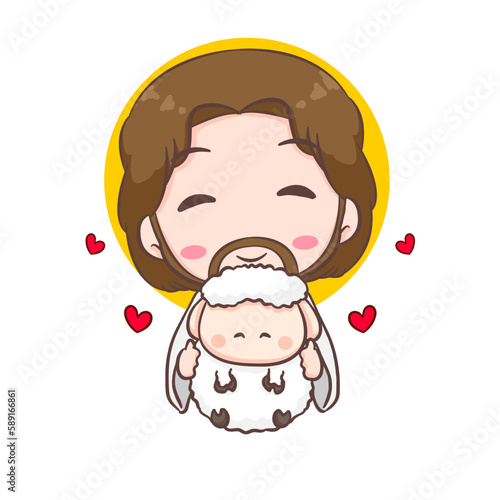 Cute Jesus Christ and the lamb cartoon character. Christian religion concept design. Hand drawn Chibi character clip art sticker Isolated white background. Vector art illustration