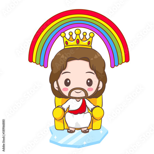 Cute Jesus Christ cartoon character sitting on throne and crystal with rainbow. Christian religion concept design. Hand drawn Chibi clip art sticker Isolated white background. Vector art illustration