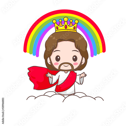 Cute Jesus Christ cartoon character second coming on clouds with rainbow and golden crown. Christian religion concept design. Hand drawn Isolated white background. Vector art illustration