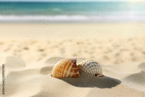 A close-up of sea mollusks on the summer sand against a blurred backdrop of the sea and sky. AI-generated images