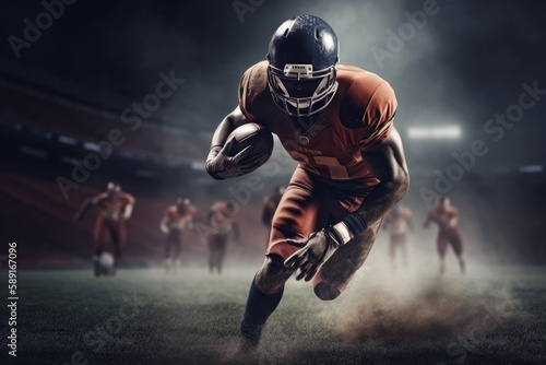 American Football Player Scores a Touchdown.American football player celebrates scoring a touchdown in front of a roaring stadium crowd Generative AI © AiAgency