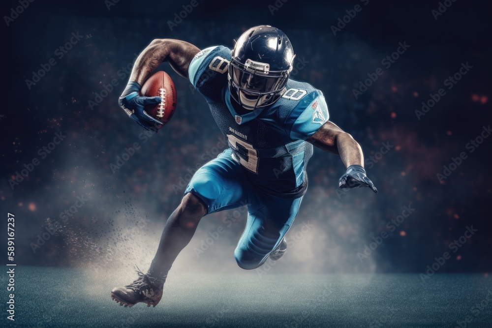 American Football Player Scores a Touchdown.American football player celebrates scoring a touchdown in front of a roaring stadium crowd Generative AI American Football Player Scores a Touchdown.American football player celebrates scoring a touchdown in front of a roaring stadium crowd Generative AI