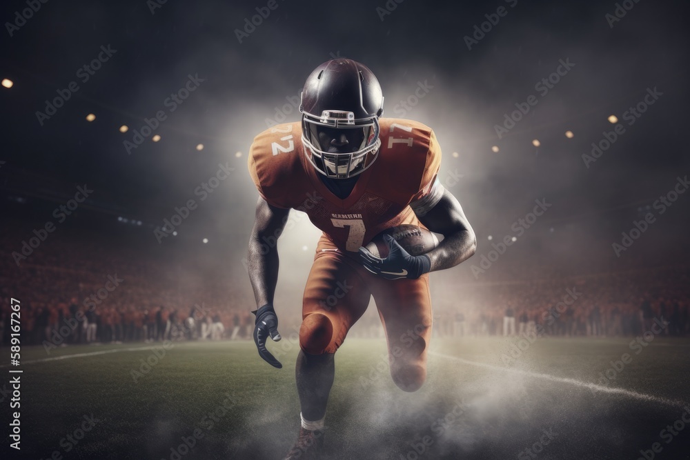 Naklejka premium American Football Player Scores a Touchdown.American football player celebrates scoring a touchdown in front of a roaring stadium crowd Generative AI