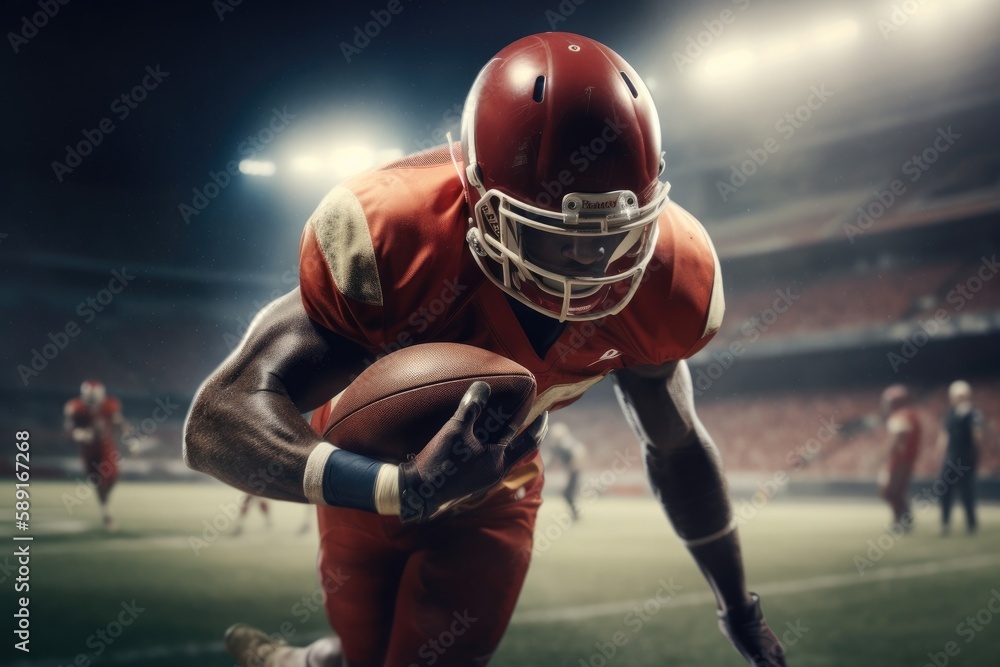 American Football Player Scores a Touchdown.American football player celebrates scoring a touchdown in front of a roaring stadium crowd Generative AI
