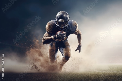 American Football Player Scores a Touchdown.American football player celebrates scoring a touchdown in front of a roaring stadium crowd Generative AI