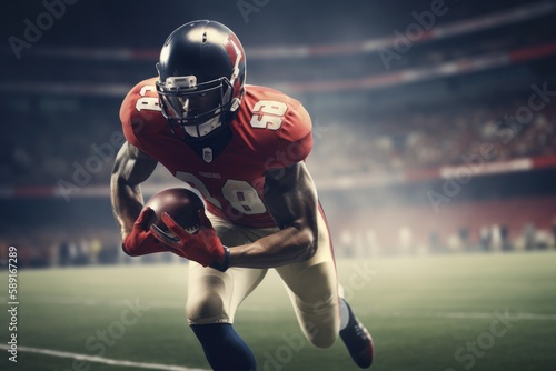 American Football Player Scores a Touchdown.American football player celebrates scoring a touchdown in front of a roaring stadium crowd Generative AI