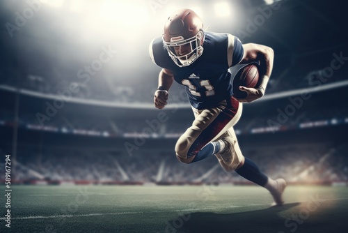 American Football Player Scores a Touchdown.American football player celebrates scoring a touchdown in front of a roaring stadium crowd Generative AI © AiAgency
