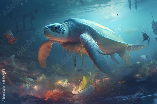 Plastic Pollution: Devastating Impact on Marine Life Illustrated. Generative AI.
