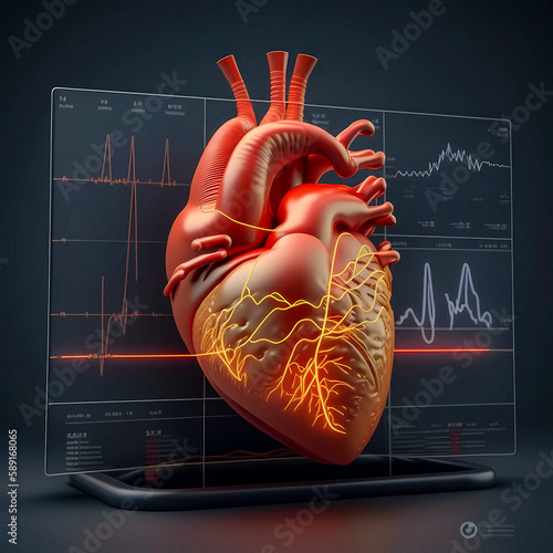 Cardiac surgery , human heart with cells and arteries, heart attack, assessment by a doctor, electrocardiogram, heart disease, artificial heart Ai generated