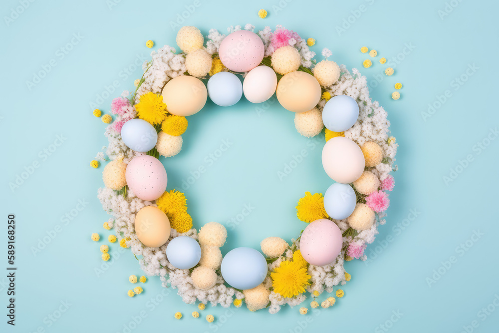 Round frame template for Easter. Happy Easter celebration card, top view, colorful pastel colored eggs in the shape of a circle on a blue flat background with copy space for text. Generative AI Round frame template for Easter. Happy Easter celebration card, top view, colorful pastel colored eggs in the shape of a circle on a blue flat background with copy space for text. Generative AI