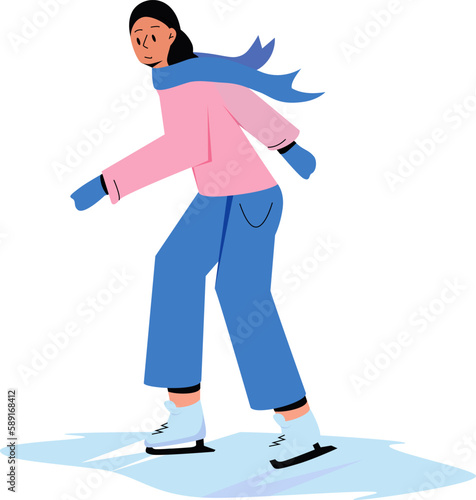 a girl in blue jeans in a pink sweater and with a blue scarf skates