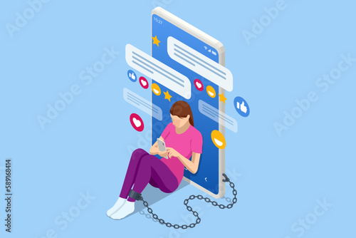 Isometric Social Media Addiction, Influence, Popularity, Modern Lifestyle, and Ad Concept. Women with smartphone devices. A depressed and sad woman chained and shackled to a big mobile smartphone.