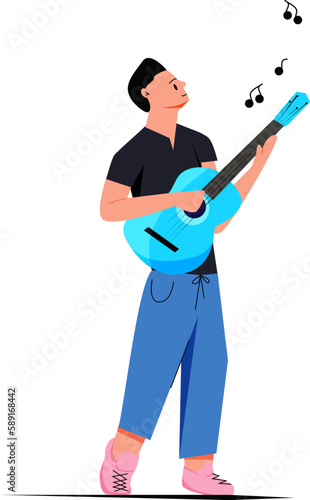 boy standing playing blue guitar