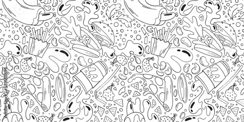 Black and white pattern with food floating in vacuum  fast food doodle with burgers  soda  hot dogs