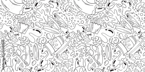 Black and white pattern with food floating in vacuum, fast food doodle with burgers, soda, hot dogs