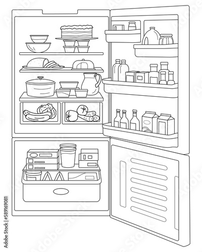 Open refrigerator with food. Coloring book for adults. Vector graphics.