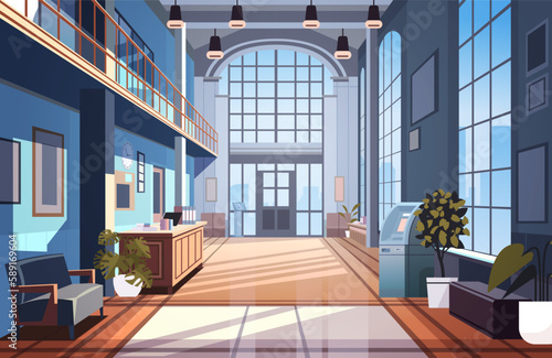 modern loft interior of office corridor with furniture empty no people business center hall horizontal
