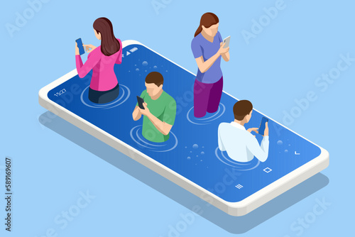Isometric Social Media Addiction, Influence, Popularity, Modern Lifestyle, and Ad Concept. People touch smartphones, chatting, talk in virtual social networks or watch online news, stories and video