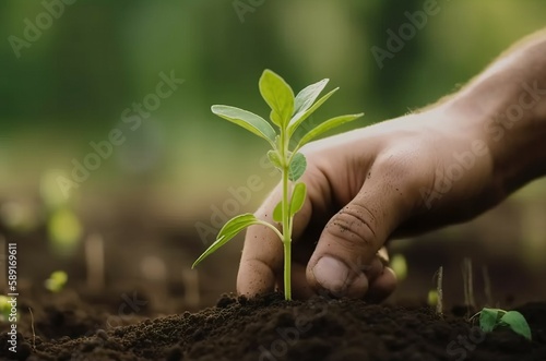 A close-up of a man's hand growing seedlings in the midst of beautiful nature with a blurred backdrop. AI-generated images