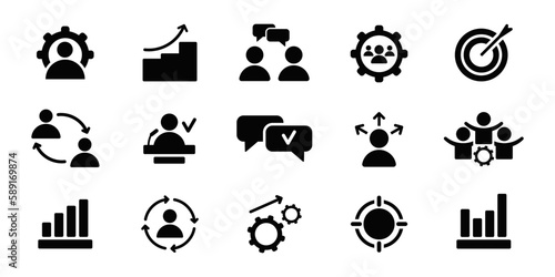 Management, team work, analysis and assessment icon set