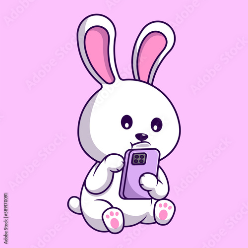 Cute Rabbit Dog Playing Phone Cartoon Vector Icons Illustration. Flat Cartoon Concept. Suitable for any creative project. 