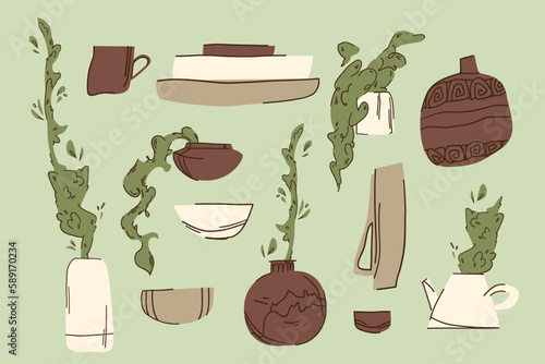 Set of handmade pottery with and without plants in flat style on a green background