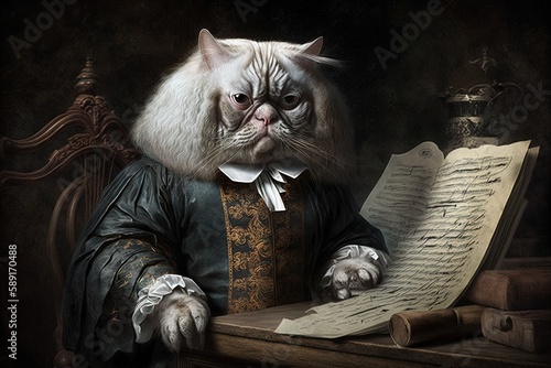 Cat as Johann Sebastian Bach famous historical character portrait illustration generative ai