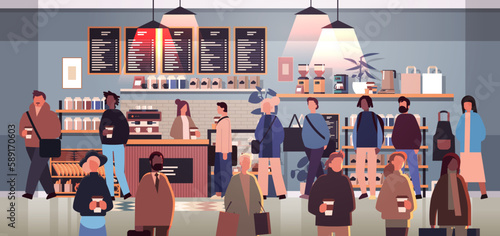 multiethnic businesspeople group in cafe during coffee break mix race men women workers in modern cafeteria