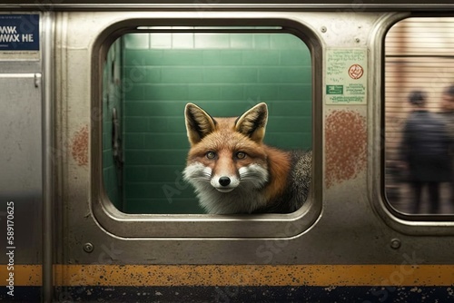 fox animal on new york city subway underground metro train illustration generative ai