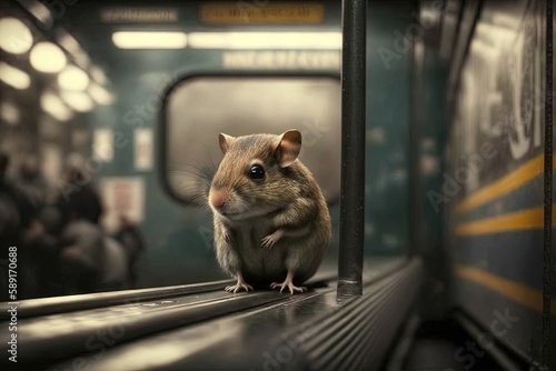 mouse animal on new york city subway underground metro train illustration generative ai