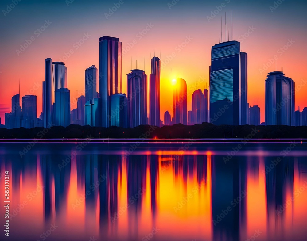 Fototapeta premium A city skyline with the sun setting behind it