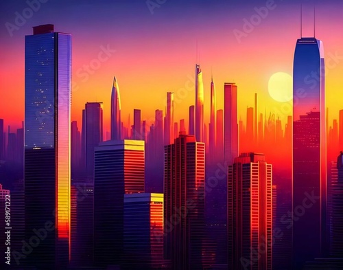 Cityscape with a sunset and a building with a sun setting beging it