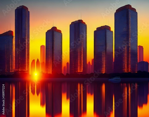 Picture of a city with the sun setting behind it