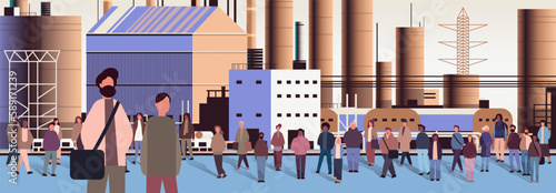 multiethnic people group walking outdoor mix race men women citizens crowd going along power plant
