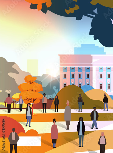 multiethnic people group walking outdoor mix race men women citizens crowd going along city street