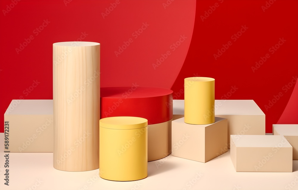 Simplicity and Minimalism: Creative product red, yellow and wood - podium/platform mockup, AI generated Simplicity and Minimalism: Creative product red, yellow and wood - podium/platform mockup, AI generated