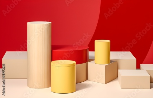 Simplicity and Minimalism: Creative product red, yellow and wood - podium/platform mockup, AI generated