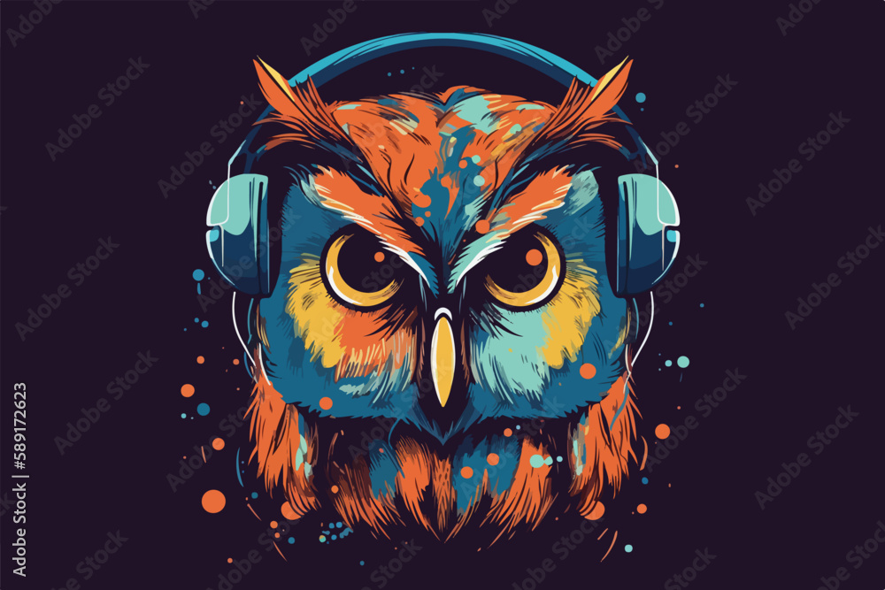 Owl with headphones vintage retro vector Illustration