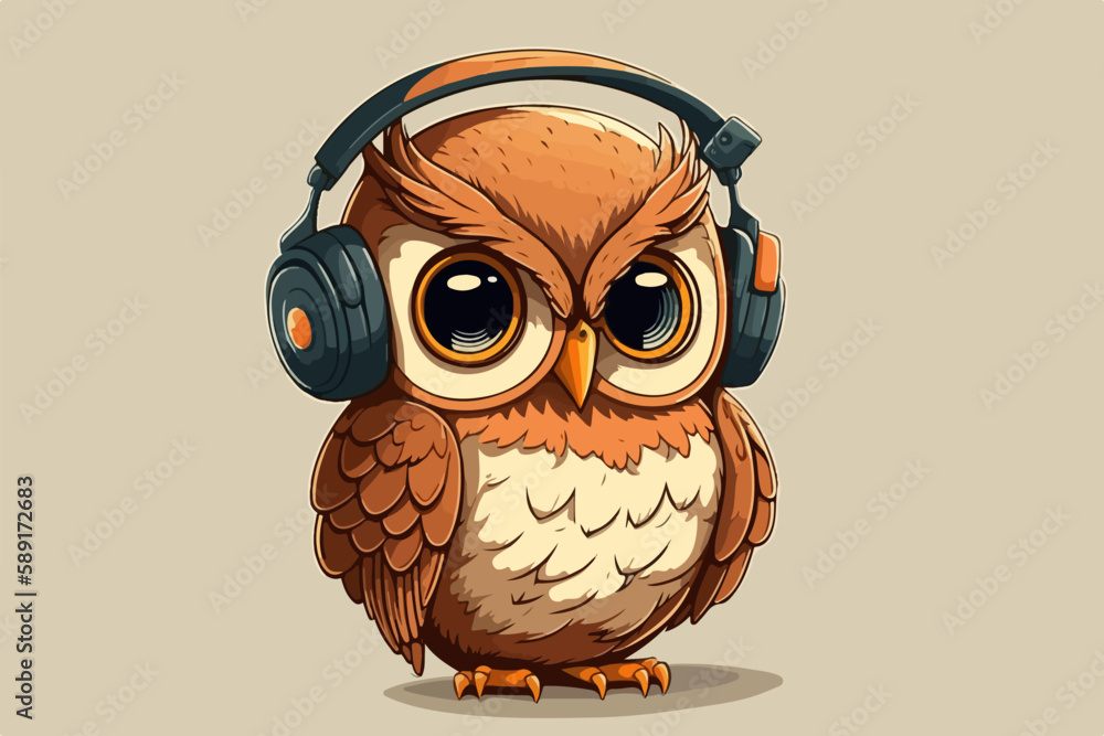 Owl with headphones vintage retro vector Illustration