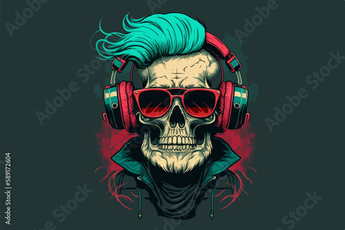 Skull with headphones vintage retro vector Illustration
