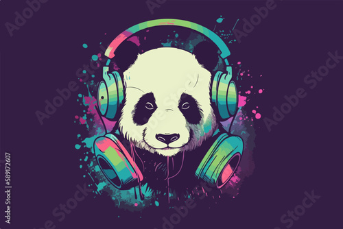 Panda with headphones vintage retro vector Illustration