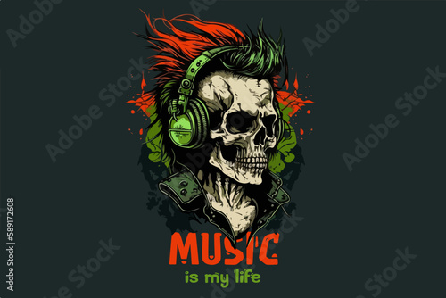 Skull with headphones vintage retro vector Illustration
