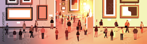 multiethnic people group mix race men women crowd in modern art gallery or museum horizontal