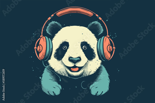 Panda with headphones vintage retro vector Illustration